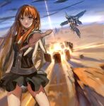  1girl balgora bangs black_skirt breasts brown_hair crying explosion green_eyes gun highres holding holding_gun holding_weapon jeanex looking_at_viewer mecha mechanical_wings military military_uniform open_hand open_mouth outstretched_arm panties pantyshot skirt small_breasts super_robot_wars_z thigh-highs underwear uniform weapon white_panties wind wind_lift wings 
