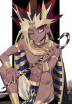  1boy atem blonde_hair cape cbow closed_mouth commentary_request dark_skin dark_skinned_male earrings egyptian eyelashes highres holding jewelry knees male_focus multicolored_hair nail_polish one_eye_closed red_eyes ring sitting smile solo spiky_hair yellow_nails yu-gi-oh! yu-gi-oh!_duel_monsters 