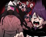  4boys arms_up axe bangs black_background black_hair brown_eyes collarbone covered_mouth dangan_ronpa_(series) dangan_ronpa_v3:_killing_harmony facial_hair furukawa_(yomawari) ghost_costume goatee hands_up hat highres holding holding_axe long_hair long_sleeves looking_at_viewer male_focus mask mask_on_head momota_kaito multiple_boys ouma_kokichi pale_skin pink_blood purple_hair red_background saihara_shuuichi scared shinguuji_korekiyo shiny shiny_hair short_hair stone sweatdrop 