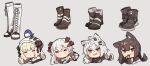  4girls ahoge amonitto animal_ears animal_on_head arknights bird bird_on_head black_hair blonde_hair boots food grey_hair grin hat highres horns lappland_(arknights) long_hair multiple_girls nightingale_(arknights) on_head pocky saria_(arknights) scar scar_across_eye sharp_teeth smile teeth texas_(arknights) wolf_ears 