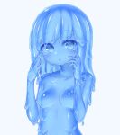  1girl :o blue_eyes blue_hair blue_sclera blue_skin blue_theme blush breasts colored_sclera colored_skin completely_nude curss embarrassed eyebrows_visible_through_hair hands_up highres long_hair looking_at_viewer medium_breasts monochrome monster_girl nude original parted_lips simple_background slime_girl solo upper_body white_background 