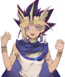  1boy armlet atem black_hair blonde_hair bracelet cape cbow dark_skin dark_skinned_male earrings egyptian eyelashes grey_eyes hands_up highres jewelry male_focus multicolored_hair open_mouth purple_hair ring sharp_teeth shiny smile solo spiky_hair teeth tongue yu-gi-oh! yu-gi-oh!_duel_monsters 