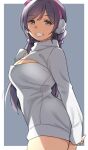  1girl breasts cleavage_cutout clothing_cutout deyuuku earmuffs eyebrows_visible_through_hair green_eyes hair_ornament hair_scrunchie large_breasts long_hair long_sleeves love_live! love_live!_school_idol_project low_twintails meme_attire open-chest_sweater purple_hair purple_scrunchie scrunchie solo sweater thighs toujou_nozomi twintails white_sweater 