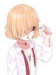  1girl blonde_hair collared_shirt commentary copyright_request english_commentary hair_lift hair_over_one_eye hand_up heart heart_necklace jewelry long_sleeves medium_hair necklace necktie one_eye_covered open_mouth red_eyes shirt simple_background solo undone_necktie white_background white_shirt wing_collar yoako 