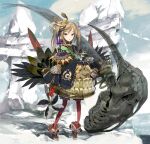  1girl animal_skull blonde_eyelashes blonde_hair bone cliff crown_hair_ornament fangs feathers gold gold_armor highres japanese_clothes kimono okama original red_legwear rock rope sandals scale_armor shimenawa thigh-highs twintails weapon 
