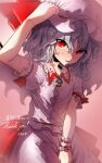  1girl asuku_(69-1-31) blush commission frills hand_on_headwear hat highres looking_up mob_cap open_mouth purple_hair red_eyes remilia_scarlet short_hair short_sleeves skeb_commission solo sweat sweaty_clothes touhou wrist_cuffs 