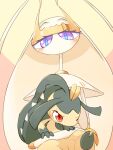  2girls annoyed antennae black_hair black_skin blue_eyes blush closed_mouth colored_skin commentary_request extra_mouth flat_chest gen_3_pokemon gen_7_pokemon hand_on_another&#039;s_head hug hug_from_behind insect_girl long_hair looking_at_another looking_down mawile multicolored multicolored_eyes multicolored_skin multiple_girls one_eye_closed open_mouth pheromosa pokemon pokemon_(creature) red_eyes sharp_teeth simple_background sitting sitting_on_lap sitting_on_person size_difference teeth two-tone_background two-tone_skin ukan_muri ultra_beast upper_body violet_eyes white_hair white_skin yellow_background yellow_skin 
