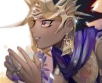  1boy armlet atem black_hair blonde_hair blurry cape cbow clenched_teeth commentary_request dark_skin dark_skinned_male earrings egyptian eyelashes fingernails flower glint hands_up holding jewelry male_focus multicolored_hair purple_cape purple_flower smile solo spiky_hair teeth yu-gi-oh! yu-gi-oh!_duel_monsters 
