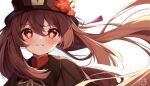  1girl :3 black_headwear brown_hair flower genshin_impact hat highres hu_tao looking_at_viewer nahaki red_eyes smile solo symbol-shaped_pupils twintails wavy_mouth 
