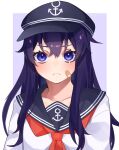  1girl akatsuki_(kantai_collection) anchor_symbol bandaid bandaid_on_face black_hair black_headwear black_sailor_collar blue_eyes border commentary_request flat_cap hat kantai_collection kozu_(bloomme1_me) lavender_background long_hair looking_at_viewer neckerchief red_neckwear sailor_collar school_uniform serafuku solo two-tone_background upper_body white_border 