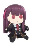  black_footwear black_gloves black_jacket bow braid button_eyes commentary_request doll exren girls_frontline gloves hair_bow highres jacket long_hair necktie purple_bow purple_hair red_neckwear shirt shoes stuffed_toy transparent_background wa2000_(girls_frontline) white_shirt x_x 