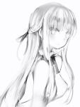  1girl bangs bare_shoulders blunt_bangs braid breasts closed_mouth covered_nipples dress french_braid from_side greyscale hair_ribbon highres large_breasts long_hair looking_at_viewer looking_to_the_side marshmallow-chan_(nanashi) monochrome nanashi_(nlo) neck_ribbon original ribbon sidelocks simple_background smile solo upper_body white_background 
