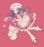  1girl alcremie alcremie_(strawberry_sweet) apron blush commentary_request hikari_(pokemon) dress eyelashes floating_hair frills gen_8_pokemon grey_eyes hair_ornament hairclip hat highres holding holding_plate knees komasawa_(fmn-ppp) long_hair mittens open_mouth plate pokemon pokemon_(creature) pokemon_(game) pokemon_masters_ex red_background red_dress red_footwear red_mittens shoes short_sleeves simple_background sweatdrop tripping white_headwear 