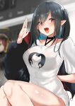  1girl :d absurdres arknights arm_up bangs black_choker black_hair black_jacket blurry blurry_background blush breasts choker closure_(arknights) eyebrows_visible_through_hair hair_between_eyes highres jacket large_breasts long_hair looking_at_viewer no_pants open_mouth pointy_ears red_eyes shirt short_sleeves sidelocks sitting smile solo teriibol thighs white_shirt 