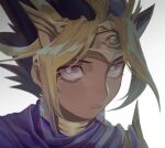  1boy atem black_hair blonde_hair cape cbow closed_mouth commentary_request dark_skin dark_skinned_male ear_piercing earrings egyptian jewelry looking_at_viewer male_focus multicolored_hair piercing portrait purple_cape shiny shiny_hair solo spiky_hair yu-gi-oh! yu-gi-oh!_duel_monsters 