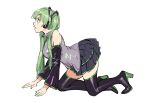  1girl all_fours bare_shoulders black_legwear boots breasts detached_sleeves from_side green_eyes green_hair grey_shirt grey_skirt hatsune_miku headphones high_heel_boots high_heels highres large_breasts long_hair long_sleeves miniskirt parted_lips pleated_skirt profile ruukii_drift shirt simple_background skirt sleeveless sleeveless_shirt solo thigh-highs twintails vocaloid white_background 