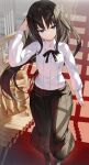  1girl absurdres black_footwear black_hair black_headband black_neckwear black_skirt blue_eyes boots breasts eyebrows_visible_through_hair from_above hand_on_own_head headband highres long_hair long_skirt skirt small_breasts smile solo stairs sukocchi tohno_akiha tsukihime walking 