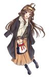  1girl absurdres ahoge bag beige_skirt black_coat black_sweater breasts brown_eyes brown_hair coat coat_on_shoulders double_bun fire_maxs full_body hairband handbag highres kantai_collection kongou_(kantai_collection) long_hair long_skirt long_sleeves looking_at_viewer official_alternate_costume orange_skirt scarf skirt solo sweater white_scarf 