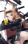  1girl absurdres alcohol animal_ears archetto_(arknights) arknights beer beer_mug black_dress black_gloves blonde_hair blue_eyes bow_(weapon) breasts cape commentary_request compound_bow cup dress elbow_gloves epaulettes gauntlets gloves heterochromia highres holding holding_cup looking_at_viewer mug parted_hair parted_lips petticoat red_cape red_eyes simple_background solo tiara weapon white_background yushi_ketsalkoatl 