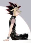  1boy arm_support belt black_hair black_pants black_shirt blonde_hair cbow closed_mouth commentary_request crossed_legs from_side grey_eyes highres male_focus multicolored_hair pants redhead shirt sitting sleeveless sleeveless_shirt solo spiky_hair yami_yuugi yu-gi-oh! 