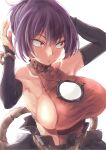  1girl adjusting_hair armpits bare_shoulders black_gloves breasts bridal_gauntlets gloves hair_up highres large_breasts mirror purple_hair red_eyes rope shimenawa short_hair sideboob skirt solo touhou upper_body yasaka_kanako yohane 