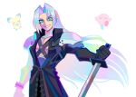  1boy armor blue_eyes denaseey final_fantasy final_fantasy_vii gen_2_pokemon gloves green_eyes highres kirby kirby_(series) long_hair looking_at_viewer male_focus masamune_(ffvii) pichu pokemon pokemon_(game) sephiroth shoulder_armor silver_hair smile super_smash_bros. sword very_long_hair weapon white_background white_hair 