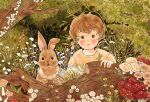  1boy black_eyes blush brown_hair child flower highres leaf looking_at_viewer mushroom original parted_lips pink_flower plant rabbit shirt short_hair solo tree upper_body white_flower yellow_flower yellow_shirt yoovora 