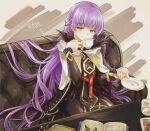  1girl absurdly_long_hair absurdres belt black_feathers book braid commission commissioner_upload covered_mouth cup dress drinking feathers fire_emblem fire_emblem:_the_binding_blade fire_emblem_heroes french_braid highres hisona_(suaritesumi) huge_filesize long_hair long_sleeves open_book purple_hair skin_tight solo sophia_(fire_emblem) sugar_cube tea teacup very_long_hair violet_eyes 