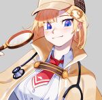  1girl blonde_hair blue_eyes blush brown_capelet brown_headwear collared_shirt commentary deerstalker detective gears grey_background hair_ornament hat holding_magnifying_glass hololive hololive_english looking_at_viewer magnifying_glass monocle_hair_ornament mustache_print necktie print_neckwear red_neckwear shirt short_hair simple_background smile solo stethoscope upper_body virtual_youtuber watson_amelia white_shirt zambiie 