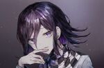  1boy bangs black_hair checkered checkered_scarf commentary_request dangan_ronpa_(series) dangan_ronpa_v3:_killing_harmony eyebrows_visible_through_hair goto_(sep) gradient gradient_background grey_background hair_between_eyes hand_up highres long_sleeves looking_at_viewer male_focus open_mouth ouma_kokichi portrait purple_hair scarf shiny shiny_hair short_hair smile solo upper_body violet_eyes 