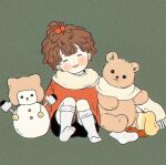  1girl black_shorts blush brown_hair child closed_eyes green_background open_mouth original red_shirt scarf shirt short_hair shorts simple_background smile socks solo stuffed_animal stuffed_toy teddy_bear white_legwear yoovora 