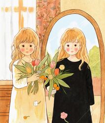  1girl absurdres bangs black_dress blush chest_of_drawers curtains different_reflection dress flower highres holding holding_flower indoors leaf long_hair mirror orange_flower orange_hair original pink_flower red_flower reflection solo white_dress white_flower window yellow_flower yoovora 