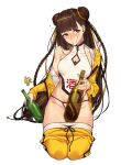  1girl bangs black_survival bottle braid brown_eyes brown_hair chinese_clothes double_bun groin head_tilt holding jacket k52 kneeling li_dailin long_hair looking_at_viewer off_shoulder open_clothes open_jacket panties pants pants_pull seiza simple_background sitting solo underwear white_background white_panties yellow_jacket yellow_pants 