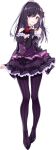  black_footwear black_hair commentary_request dress flower garnet_(lapis_re:lights) hair_ornament hand_on_own_chin highres lapis_re:lights long_hair looking_at_viewer official_art open_mouth pantyhose purple_dress purple_legwear red_flower red_rose rose standing violet_eyes 