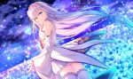  1girl bare_shoulders blush braid breasts closed_mouth clothing_cutout clouds cloudy_sky commentary crown_braid dutch_angle emilia_(re:zero) field flower flower_field from_behind grey_skirt hair_ornament long_hair looking_at_viewer looking_back low-tied_long_hair purple_hair purple_sky re:zero_kara_hajimeru_isekai_seikatsu shoulder_cutout skirt sky small_breasts smile solo standing thigh-highs toosaka_asagi violet_eyes wide_sleeves x_hair_ornament 