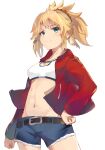  1girl absurdres blonde_hair blush breasts casual denim fate/apocrypha fate_(series) green_eyes hairband hand_on_hip highres jacket jeans mordred_(fate) mordred_(fate)_(all) pants ponytail red_hairband red_jacket same_(sendai623) simple_background smile solo white_background 