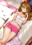  1girl absurdres bed blush brown_hair covered_nipples highres long_hair looking_at_viewer lying midriff navel neon_genesis_evangelion on_side open_mouth pink_shorts pukara short_shorts shorts smile solo souryuu_asuka_langley stomach strap_slip tank_top thighs window 