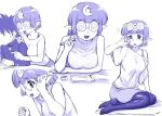 1990s_(style) 1boy 1girl arara_cocoa breasts coke-bottle_glasses crescent crescent_hair_ornament earrings freckles glasses hair_ornament jewelry monochrome ng_knight_lamune_&amp;_40 open_mouth pointy_ears retro_artstyle short_hair smile ueyama_michirou 