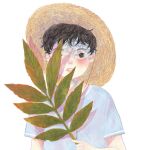  1boy black_eyes black_hair blush hat highres holding holding_plant leaf one_eye_covered original parted_lips plant shadow short_hair short_sleeves simple_background solo upper_body white_background yoovora 