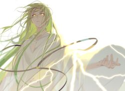  1boy androgynous backlighting bangs cloak enkidu_(fate/strange_fake) expressionless fate/grand_order fate_(series) floating_hair glowing glowing_eyes green_hair jewelry lightning_bolt looking_at_viewer necklace robe rrr_(reason) solo upper_body wind yellow_eyes 