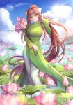  1girl adjusting_hair artist_name axis_powers_hetalia blue_sky breasts brown_hair clouds commentary commission cosplay day doki_doki_literature_club dress english_commentary eyebrows_visible_through_hair flower flower_request full_body green_dress green_eyes hair_ribbon hand_up highres large_breasts long_dress long_hair long_sleeves looking_at_viewer monika_(doki_doki_literature_club) outdoors pants pants_under_dress ponytail potetos7 ribbon sky smile solo very_long_hair vietnam_(hetalia) vietnam_(hetalia)_(cosplay) vietnamese_dress wading water white_pants white_ribbon 