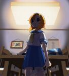  1girl backlighting bag blue_eyes blue_sailor_collar blue_skirt chair chromatic_aberration commentary cowboy_shot crazy empty_eyes film_grain from_below fukuda_(okometani) hand_on_table highres higurashi_no_naku_koro_ni holding holding_knife horror_(theme) knife looking_at_viewer looking_down neckerchief orange_hair photo_(object) ryuuguu_rena sailor_collar shaded_face shirt short_hair short_sleeves skirt smile solo table white_shirt yellow_neckwear 