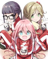  3girls :d absurdres aqua_eyes black_eyes black_hair blonde_hair cup eyebrows_visible_through_hair fang glasses green_eyes hair_bobbles hair_ornament highres holding inuyama_aoi kagamihara_nadeshiko knees_up looking_at_viewer multiple_girls n2midori oogaki_chiaki open_mouth pink_hair scrunchie shoes side_ponytail sitting skin_fang smile steam thick_eyebrows track_suit twintails uwabaki wariza yurucamp 