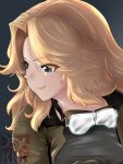  1girl black_shirt blonde_hair blue_eyes brown_jacket closed_mouth commentary_request girls_und_panzer goggles goggles_around_neck hair_intakes highres jacket kay_(girls_und_panzer) long_hair looking_to_the_side one_knee open_mouth partial_commentary saunders_military_uniform shirt smirk solo yoyokkun 