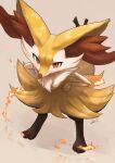  1girl animal_ear_fluff animal_ears animal_nose artist_name beige_background black_fur blush body_fur braixen closed_mouth commentary dutch_angle fang fire fox_ears fox_girl fox_tail full_body furry gen_6_pokemon hands_on_hips highres ikei jpeg_artifacts leaning_forward light_blush looking_at_viewer paws pokemon pokemon_(creature) red_eyes signature simple_background skin_fang snout solo standing stick tail white_fur yellow_fur 