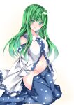  1girl :d bare_shoulders blue_skirt blush breasts commentary_request detached_sleeves eyebrows_visible_through_hair gradient gradient_background green_eyes green_hair groin highres kneeling kochiya_sanae large_breasts long_hair looking_at_viewer nanase_nao navel open_mouth polka_dot shirt simple_background skirt skirt_pull smile solo touhou white_background white_shirt wide_sleeves 