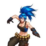  1girl abs artist_request bangs bare_shoulders belt black_gloves blue_eyes blue_hair breasts clenched_hand dog_tags fighting_stance gas_can gloves green_pants high_ponytail leona_heidern midriff multicolored multicolored_clothes muscular muscular_female navel official_art pants ponytail solo source_request tank_top the_king_of_fighters 