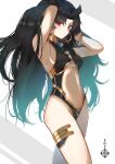  1girl armpits arms_behind_head arms_up bangs bare_shoulders black_hair black_leotard blush bracelet breasts center_opening earrings fate/grand_order fate_(series) gold_trim highres hoop_earrings ishtar_(fate)_(all) ishtar_(fate/grand_order) jewelry leotard long_hair looking_at_viewer medium_breasts navel parted_bangs red_eyes saco_(cgmore) thighs two_side_up 