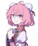 1girl absurdres bandaged_arm bandages bangs chinese_clothes closed_mouth cuffs double_bun from_side hair_between_eyes hands_on_own_chest highres ibaraki_kasen kame_(kamepan44231) looking_at_viewer pink_eyes pink_hair shackles short_hair short_sleeves simple_background smile solo tabard touhou upper_body white_background 