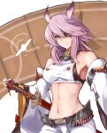  1girl aircraft animal_ears azur_lane bangs bare_shoulders black_gloves breasts collarbone commentary_request cowboy_shot crop_top detached_sleeves eyebrows_visible_through_hair eyepatch fingerless_gloves flight_deck gloves groin hair_between_eyes highres hiyou_(azur_lane) holding holding_sword holding_weapon katana long_hair looking_at_viewer marshall_k medium_breasts medium_hair midriff navel parted_lips purple_hair ribbon-trimmed_clothes ribbon_trim sakuramon sheath sheathed shirt short_shorts shorts sideboob sidelocks simple_background sleeveless sleeveless_shirt smile solo standing sword weapon white_background white_shirt white_shorts white_sleeves wide_sleeves yellow_eyes 